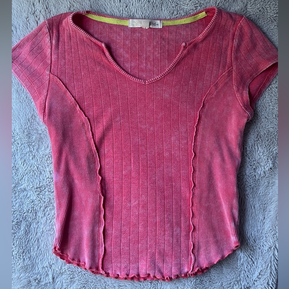 Distressed pink crop top with small v neck